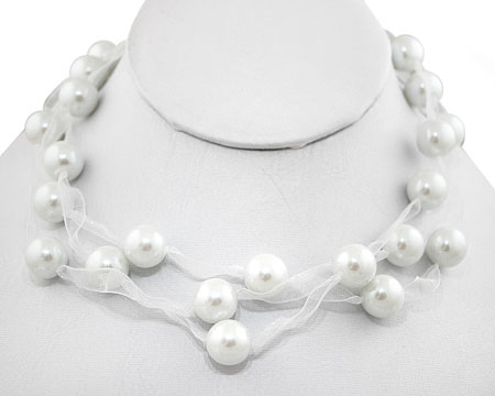 White Pearl and White Ribbon Three Strand Necklace (12mm) 