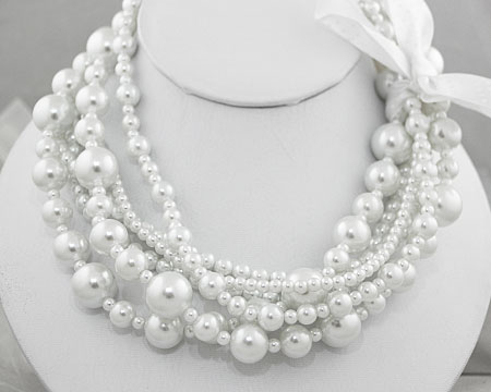 Multi Size and Strand White Pearl Necklace w/ Ribbon 
