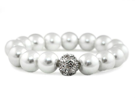 Formal White Pearl Stretch Bracelet with Rhinestones and Silver