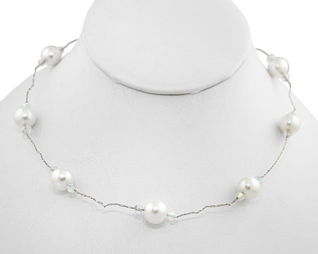Bright White Pearl and Small Crystal Necklace on Silver 