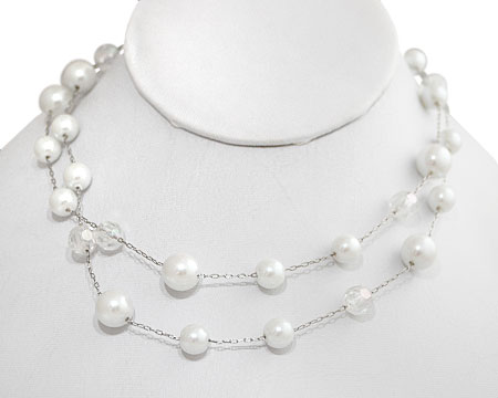 Double Row Bright White Pearls with Clear Crystal Bead Necklace
