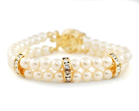 Double Strand Ivory Pearl & Crystal Bracelet with Flower Clasp 