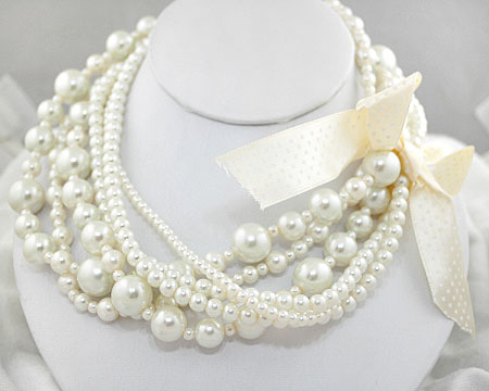 Multi Size and Strand Cream Pearl Necklace w/ Ribbon 