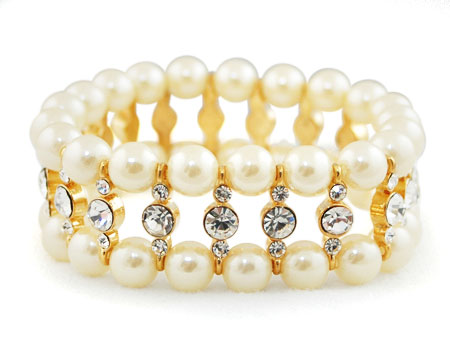 Ivory Pearl, Clear Rhinestone and Gold Stretch Bracelet 