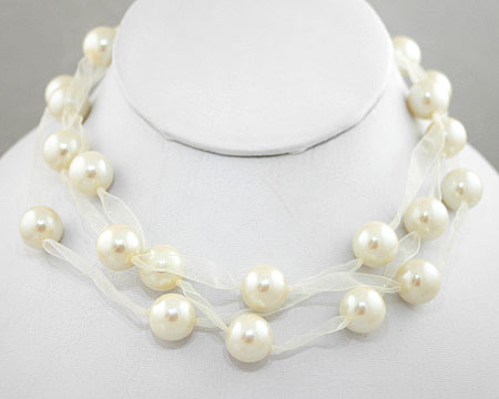 Soft Cream 3 Tier Pearl and Ribbon Necklace (12mm) 