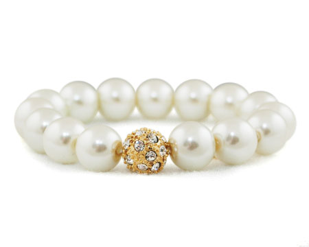 Formal Cream Pearl Stretch Bracelet with Rhinestones and Gold 