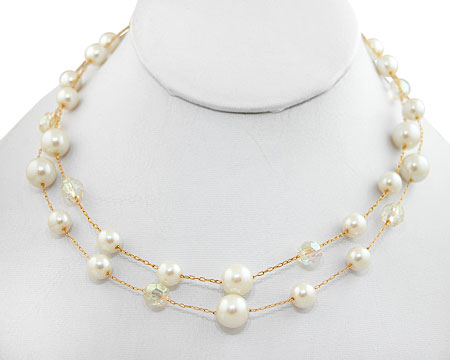 Double Row Cream Pearls with Clear Crystal Bead Necklace