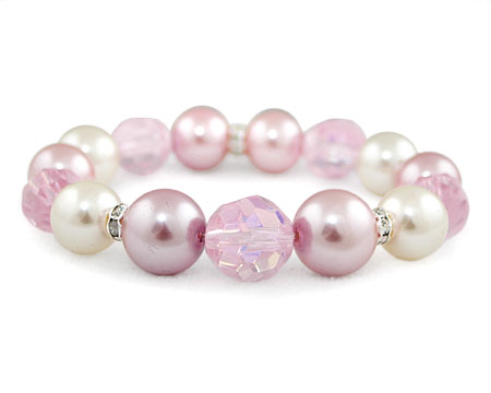 Pink and White Pearl with Pink Crystal Stretch Bracelet (12mm)