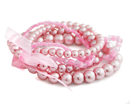 Pink Multi-Strand Stretch Bracelet with Crystals/Ribbon 