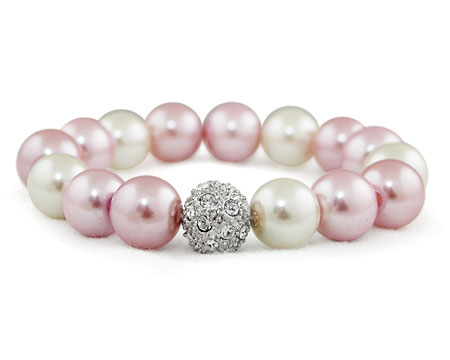 Formal Pink, White & Mauve Pearl Stretch Bracelet w/ Rhinestones