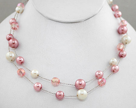 Double Row Pink/White Pearls w/ Pink Crystal Bead Necklace
