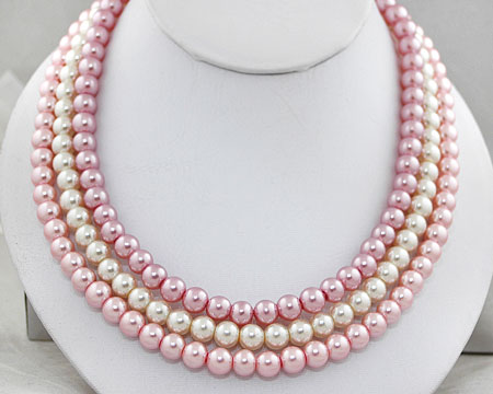 Pink, Mauve and White Pearl Necklace with Silver Clasp 