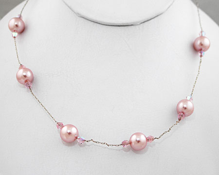 Pink Pearl and Small Crystal Necklace on Silver