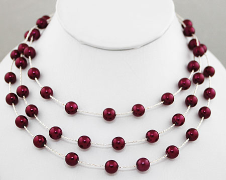 Bright Plum Pearls on 3 Tier Silver Necklace