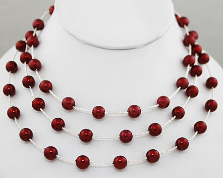 Cranberry Pearls on 3 Tier Silver Necklace 