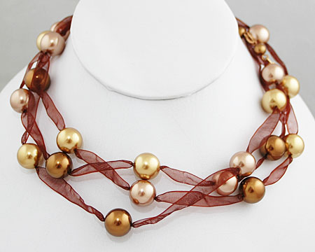 Bronze, Light Gold, & Taupe Pearl 3 Tier Ribbon Necklace (12mm) 