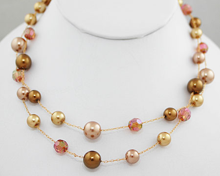 Double Row Bronze, Taupe, Light Gold Pearls & Crystal Bead 