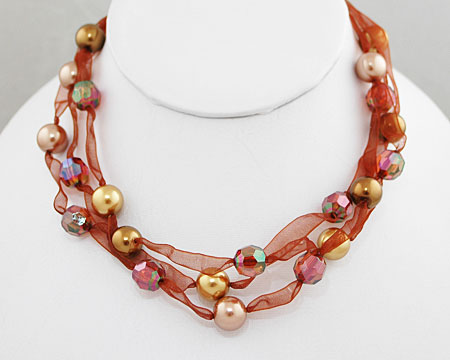 Brown and Gold Pearl with Brown Crystals 3 Tier Ribbon Necklace