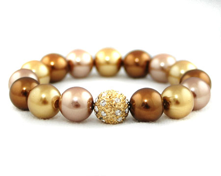 Formal Bronze, Taupe, Gold Pearl Stretch Bracelet W/ Rhinestones 